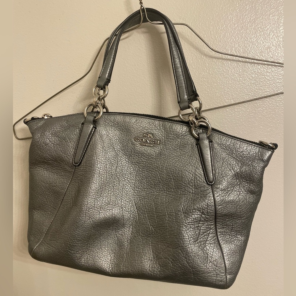 Coach Gray/ Metallic silver  Leather Tote Bag